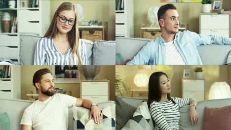 retrato de alegres y sonrientes jóvenes sentados en un sofá en una habitación acogedora