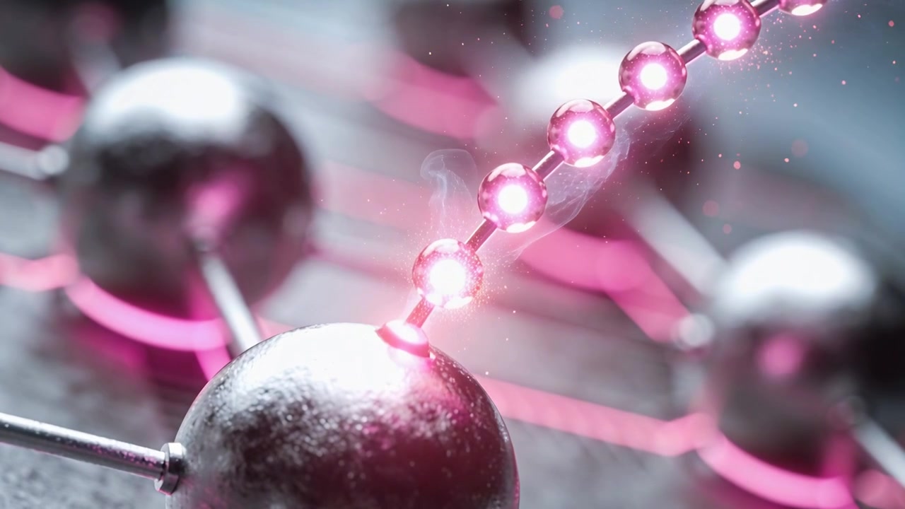 Entering upper-right, pink bead chain contacting central sphere on plate and rods