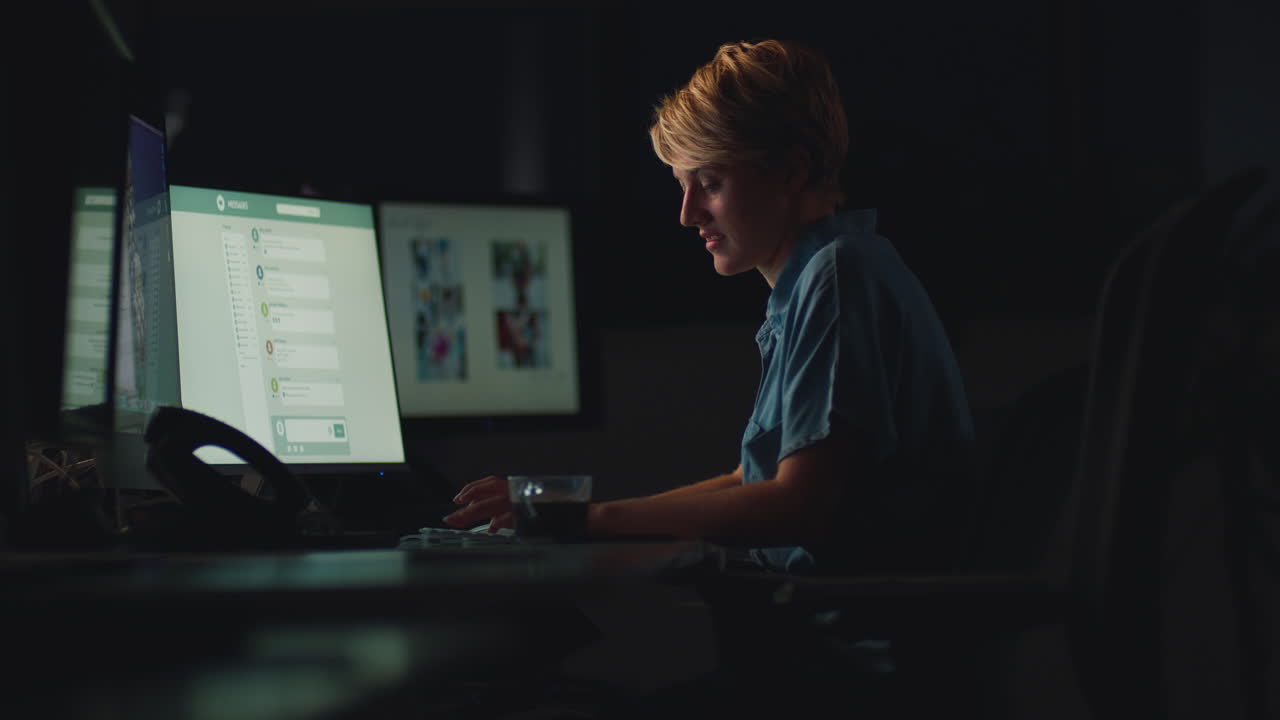 Tired Businesswoman Yawning Working Late In Office With Face Illuminated By Computer Screen