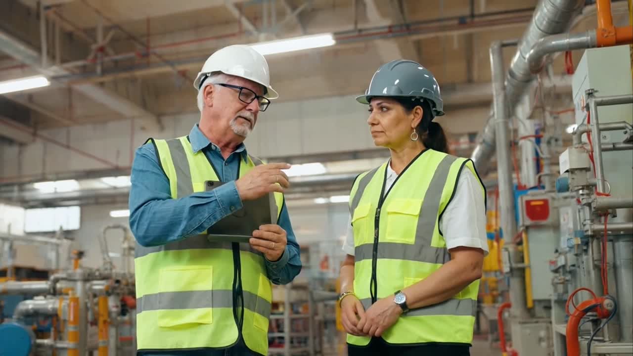 Male and Female Engineers Inspecting a Factory with a Tablet