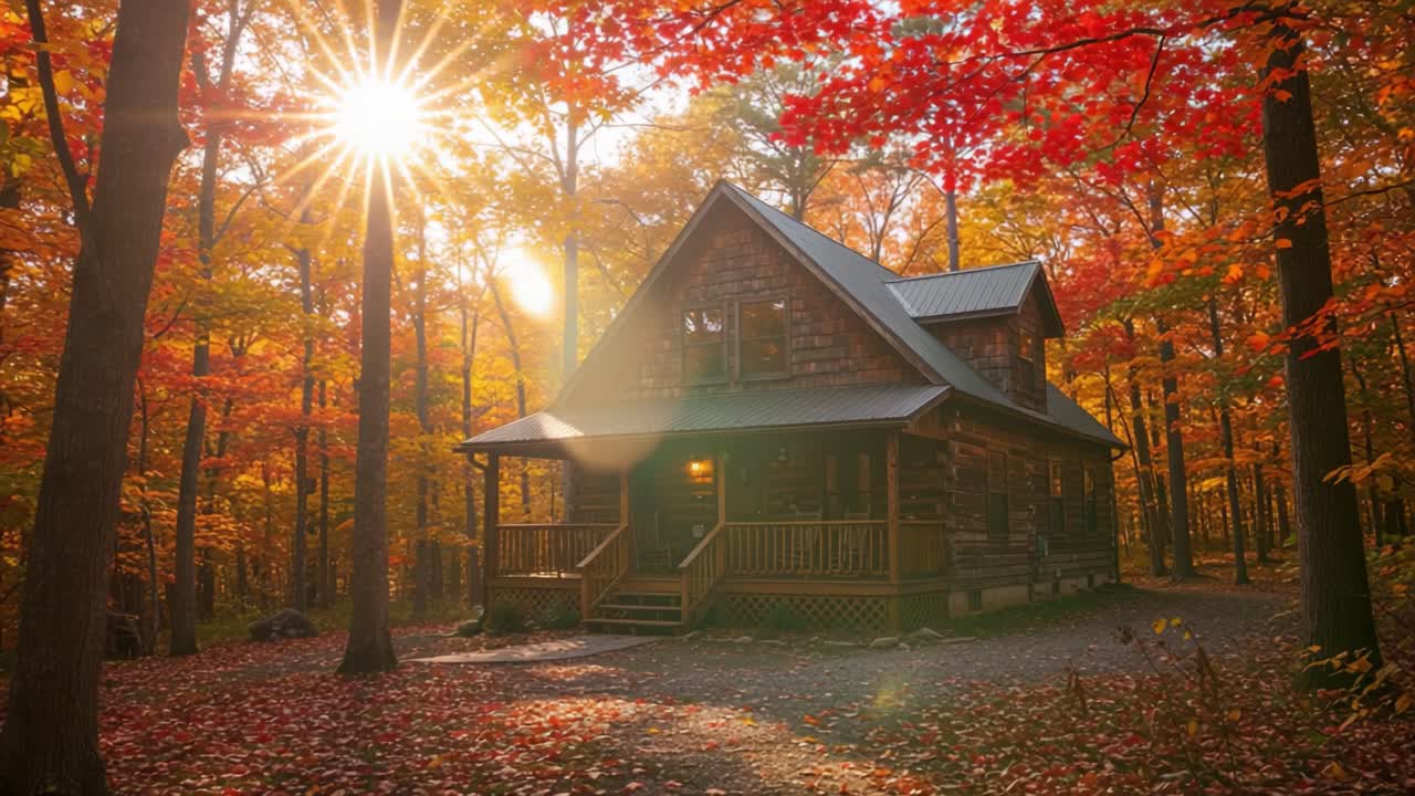 Cozy Cabin in an Autumn Forest with Sunrays