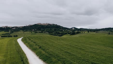 una fotografía de un avión no tripulado de una carretera sinuosa que atraviesa las exuberantes tierras de cultivo de italia