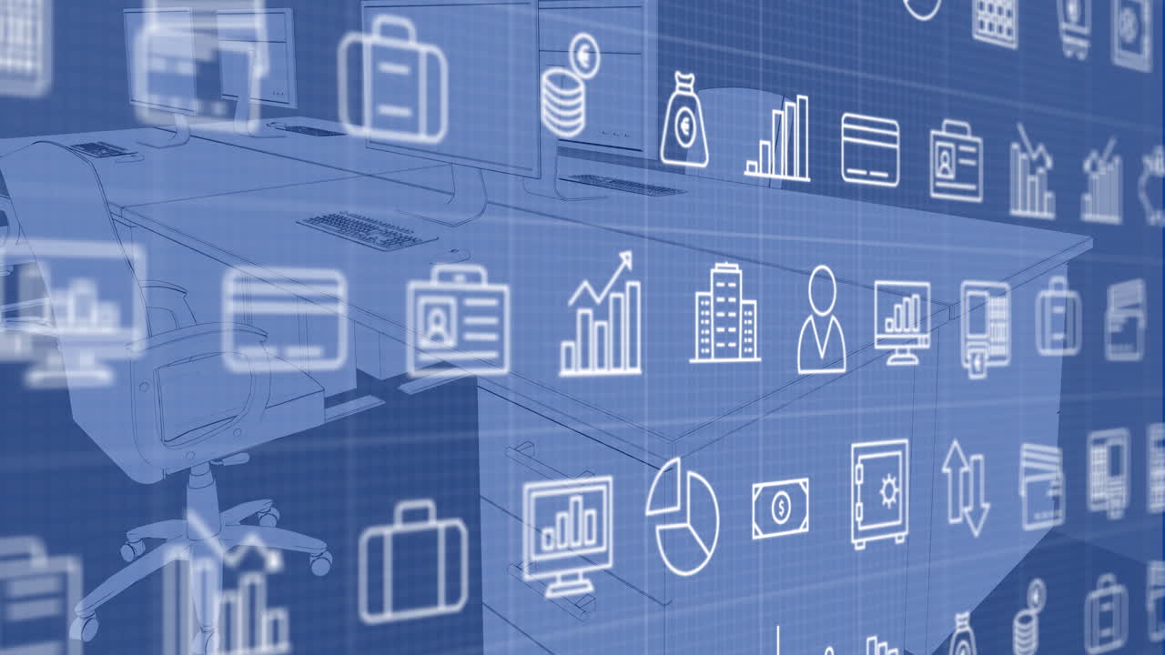 animación de múltiples iconos sobre una silla desocupada y una computadora en el escritorio de la oficina.