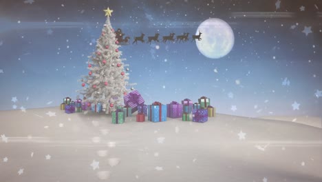 Animation-of-winter-scenery-with-presents-and-santa-claus-in-sleigh