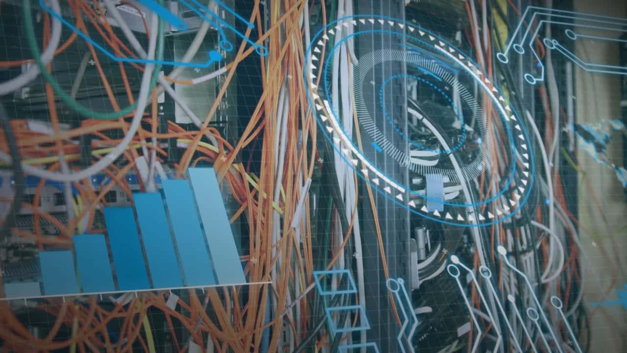 анимация цифрового интерфейса над серверной комнатой