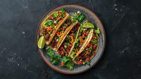 delicious tacos with ground beef, lettuce, tomato, cheese, cilantro, and lime