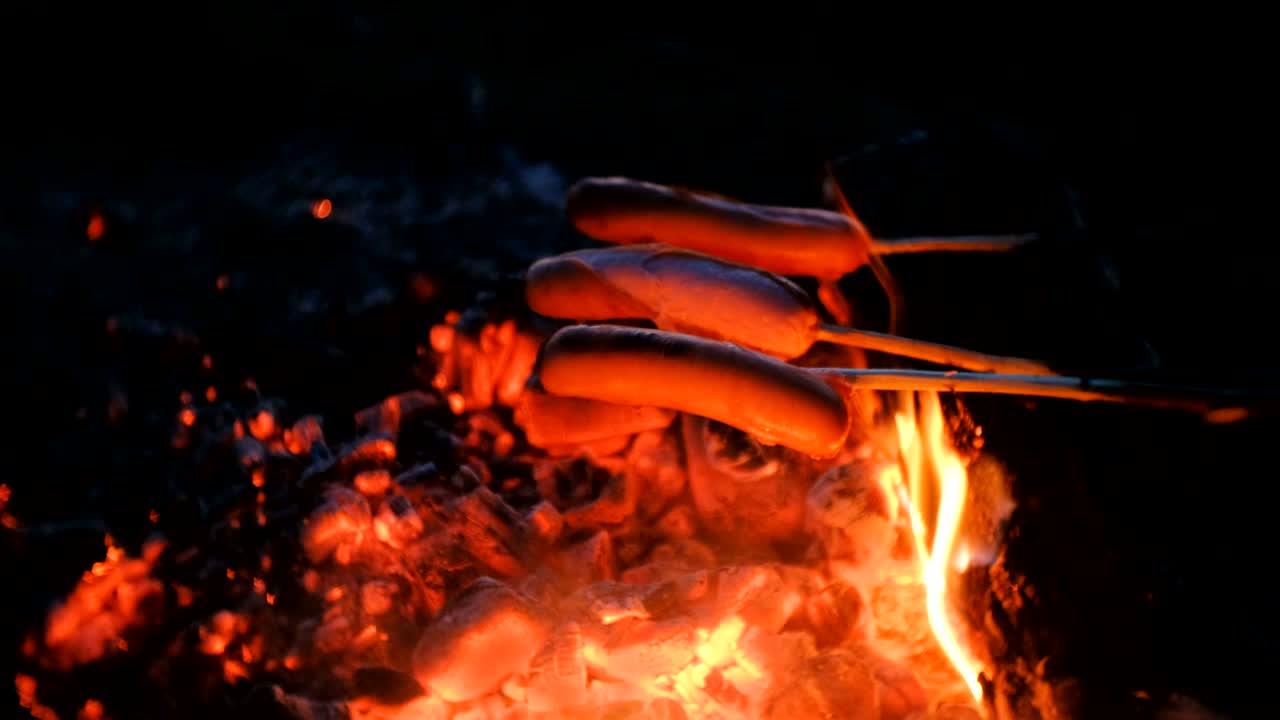 사람들이 밤에 숲에서 불 위에 소시지를 는다. - 클로즈업 소시지