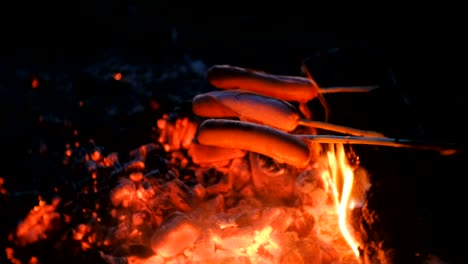 people fry sausages on a fire in the woods at night. close-up sausages.