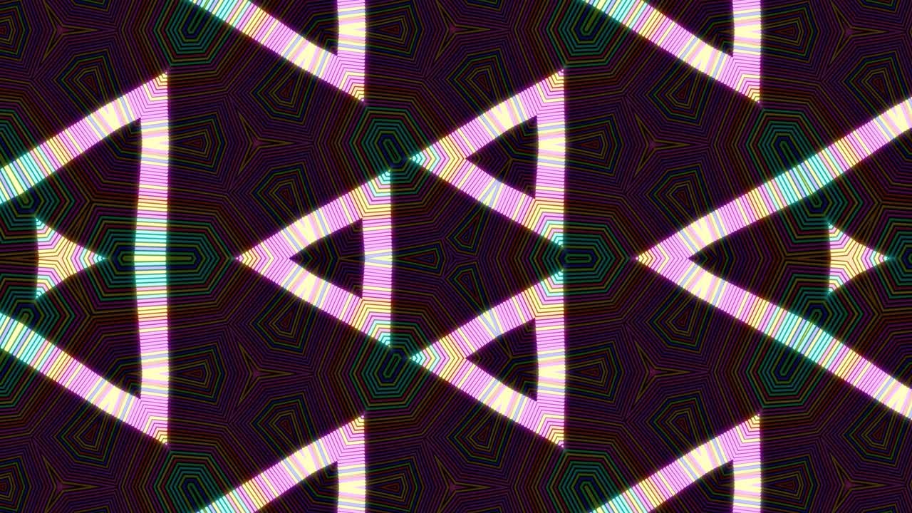 4k fondo en bucle abstracto con estructuras simétricas como caleidoscopio con bombillas de iluminación, luces de neón multicolores. bucle vj para música beat, espectáculo festivo o eventos de vacaciones, festivales o conciertos