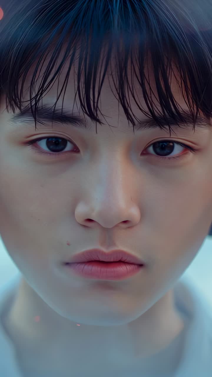 Vertical video: Shifting face teen forming gentle smile in studio with light collar and pink flecks