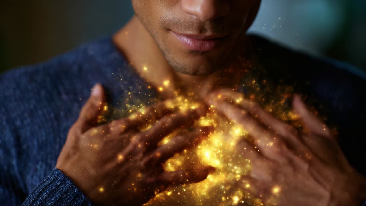 A thought-provoking exploration of inner transformation and mystical energy, showcasing a man who channels radiant golden light from his chest and hand, embodying the essence of power and enlightenment