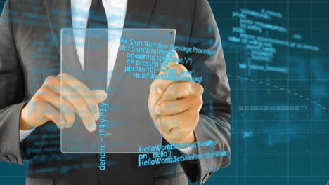 hombre de negocios usando una tableta futurista y códigos de programa