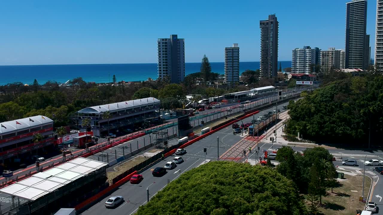 Aerial view of the Gold Coast 600 Supercars Championships showing the street circuit close to the beach and main highway