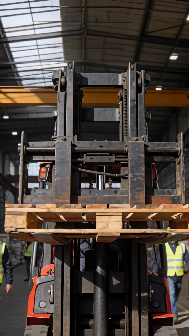 Video verticale: Carrellista che manovra un carrello elevatore sollevando un pallet in un magazzino per lo stoccaggio con equipaggiamento di sicurezza.