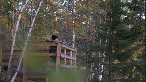 camera moving through defocused leaves pointing at young boy enjoying autumn landscape view from lookout tower