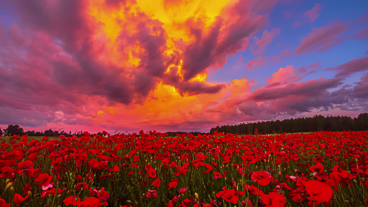 campo de amapola en flor roja y majestuoso colorido cielo al atardecer, vista de lapso de tiempo