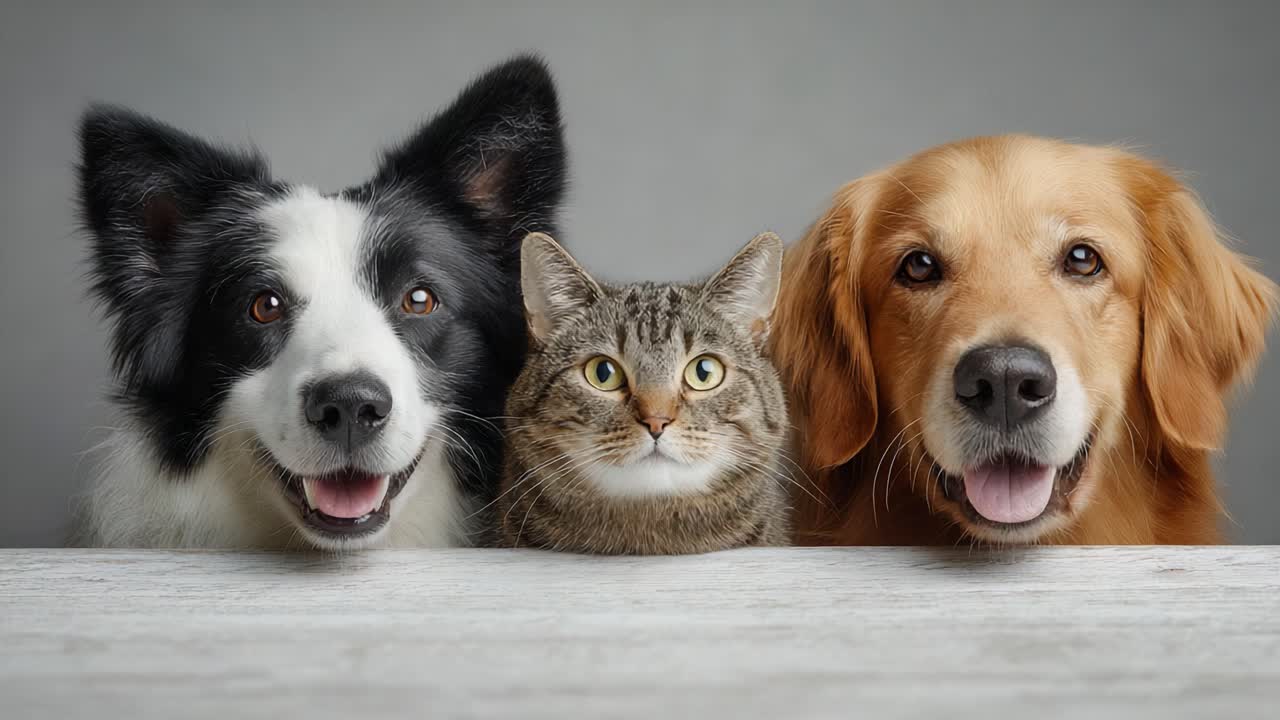 A Heartwarming Moment: A Border Collie, Golden Retriever, and Tabby Cat Share a Table, Smiling Together in a Perfect Display of Animal Companionship and Friendship