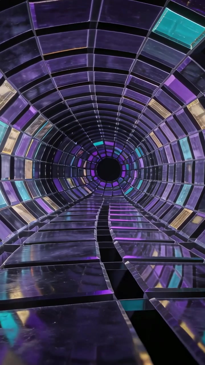 Vertical video: Starting camera moving through mirrored tile tunnel at lab, revealing dark aperture