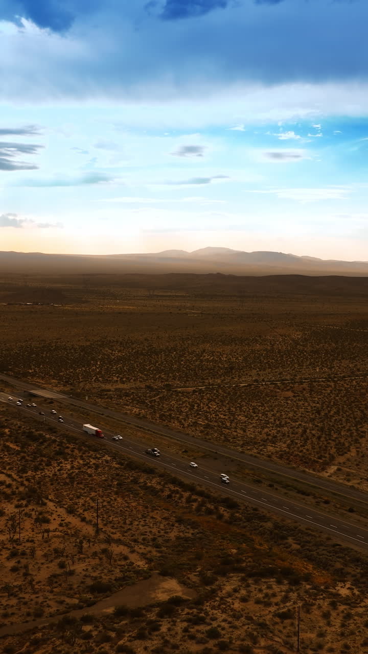 Scenery of Death Valley after sunset. Cars run by the speedway. Blue sky with clouds at backdrop. Aerial view. Vertical video