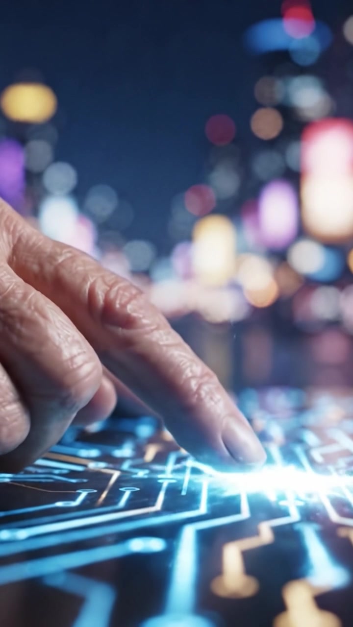 Exploring the Future of Technology: A Close-Up on Hands Interacting with a Digital Circuit Board Embedding Energy and Connectivity in a Vibrant Cityscape
