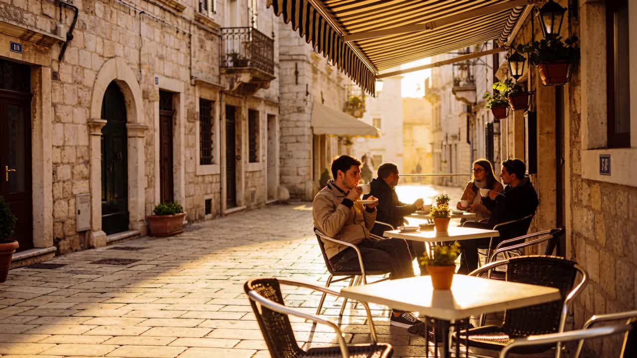 Uomo in primo piano che solleva una tazza mentre i viaggiatori socializzano sotto la tenda di un caffè, con un sole animato che riscalda i ciottoli.