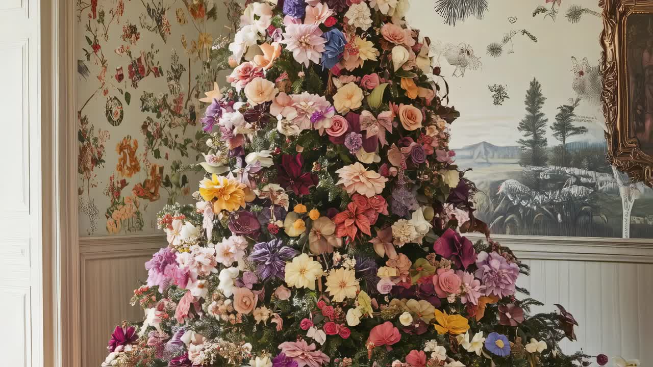 Classic interior featuring elegantly decorated Christmas tree adorned with vibrant flowers, standing against floral wallpaper and complemented by landscape painting