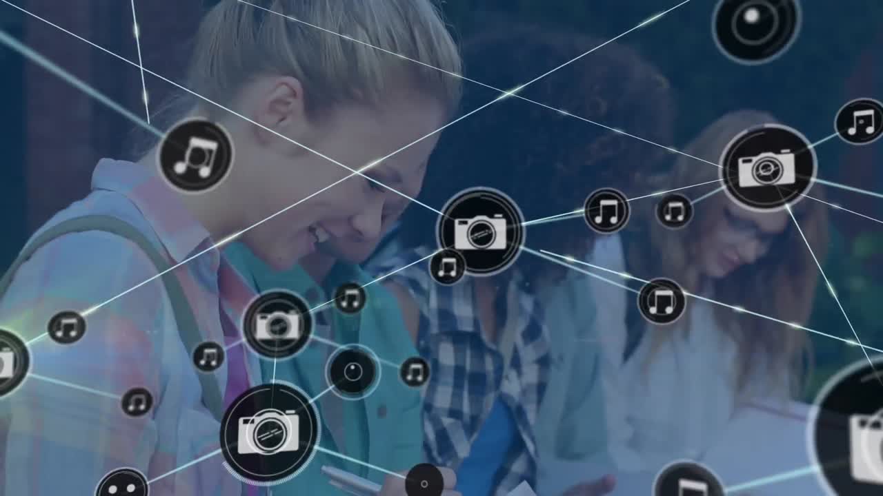 animación de una red de iconos digitales sobre un grupo de estudiantes diversos que estudian juntos en la universidad