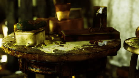 old wooden table covered with various items in a dimly lit room