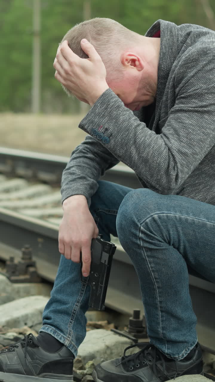 una vista cercana de un hombre con una chaqueta gris, lienzo y vaqueros azules, sosteniendo una pistola, sentado en una vía ferroviaria, su cabeza está inclinada, y una mano está en su cabeza, con una vista borrosa de un bosque verde