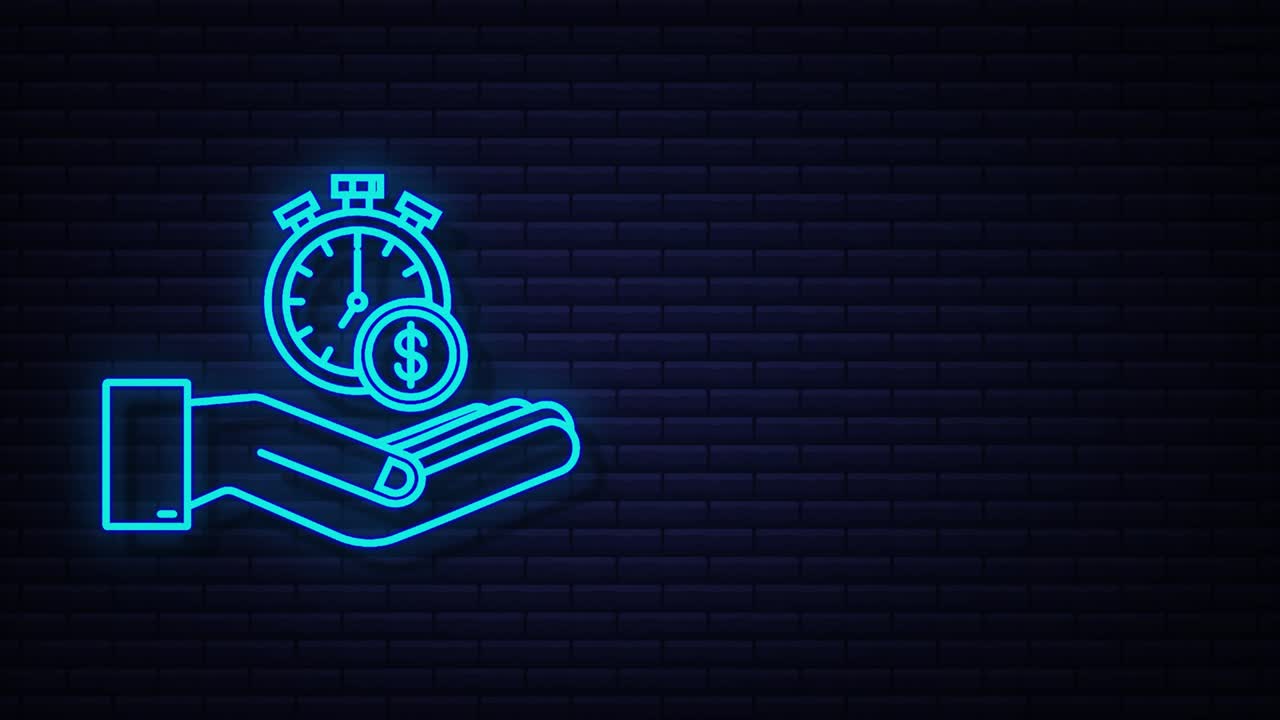 Neon Timer and money in hands. Clock and bag, time is money, fast loan, payment period, savings account. motion graphic