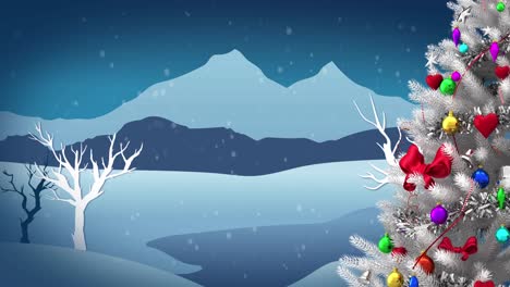 Animation-Von-Schnee,-Der-über-Weihnachtsbaumschmuck-Und-Winterlandschaft-Fällt