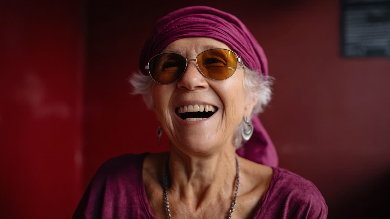 Donna anziana gioiosa e sorridente con occhiali eleganti e un foulard viola, su uno sfondo rosso intenso, che irradia felicità e positività in un ambiente caldo.