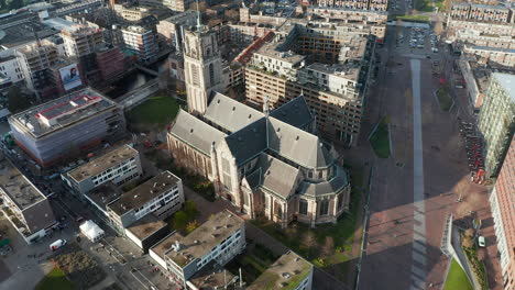 aerial view of grote of sint-laurenskerk, a protestant church in rotterdam, netherlands