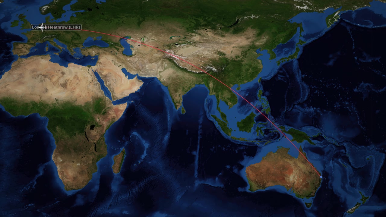 Satellite world map animation tracks a long-haul flight path from Australia to the United Kingdom