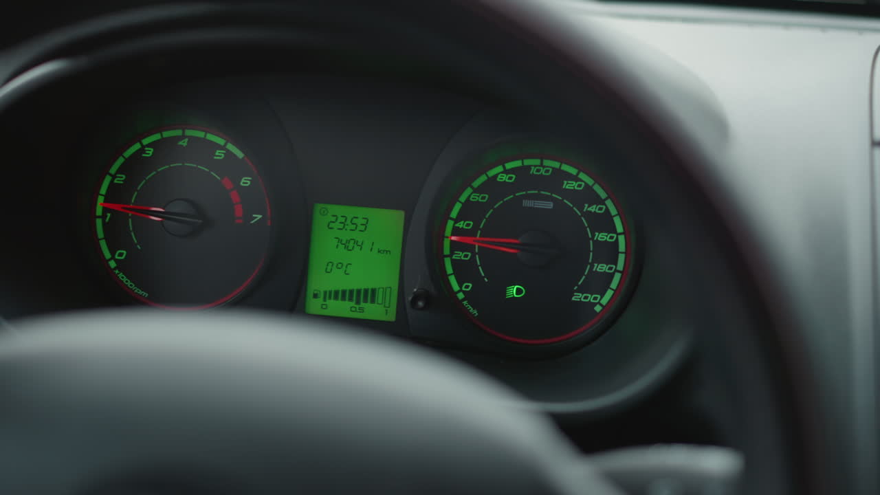 Dashboard close up showing illuminated speedometer at 45 kmh and tachometer at 900 rpm with odometer reading 74041 km and temperature display during urban drive highlighting cluster details