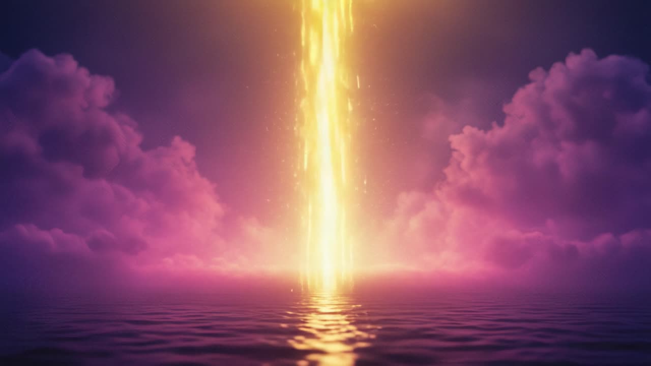 A Majestic Eruption of Radiant Light Ascending from a Serene Ocean, Illuminating the Sky with Golden Sparks Against a Dreamy Cloudscape