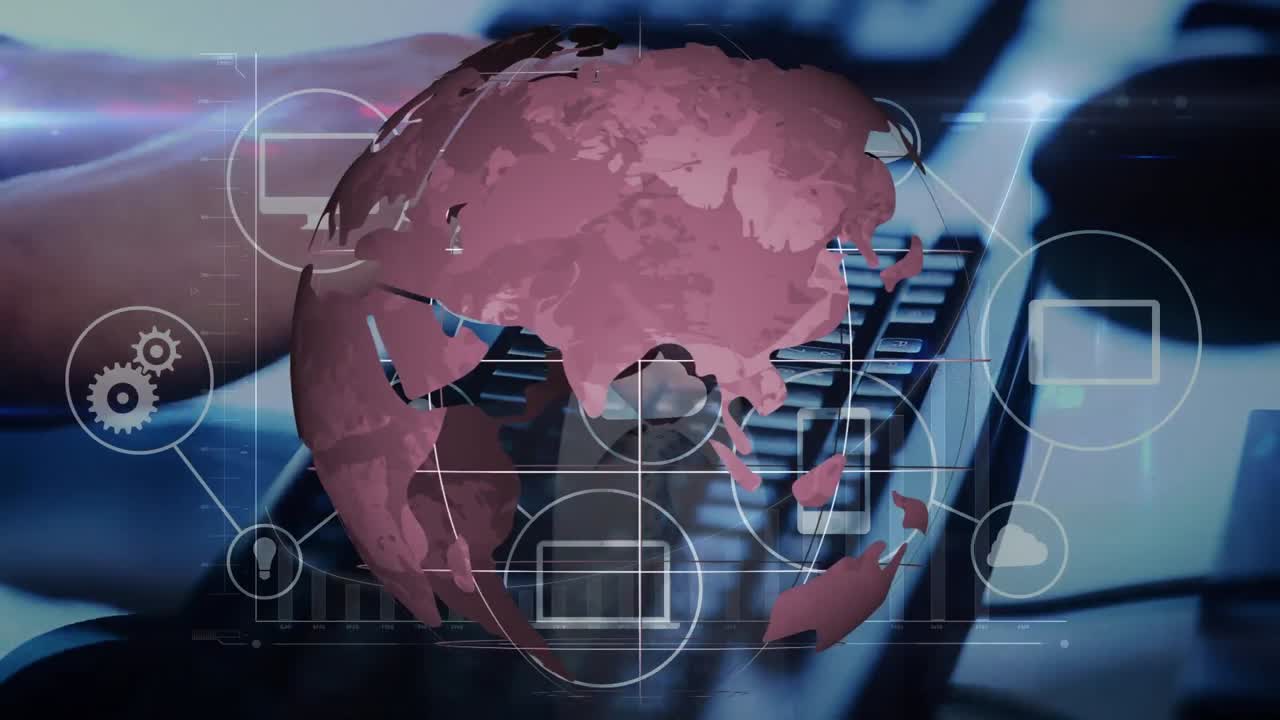 animación de la red de conexiones e iconos sobre el teclado