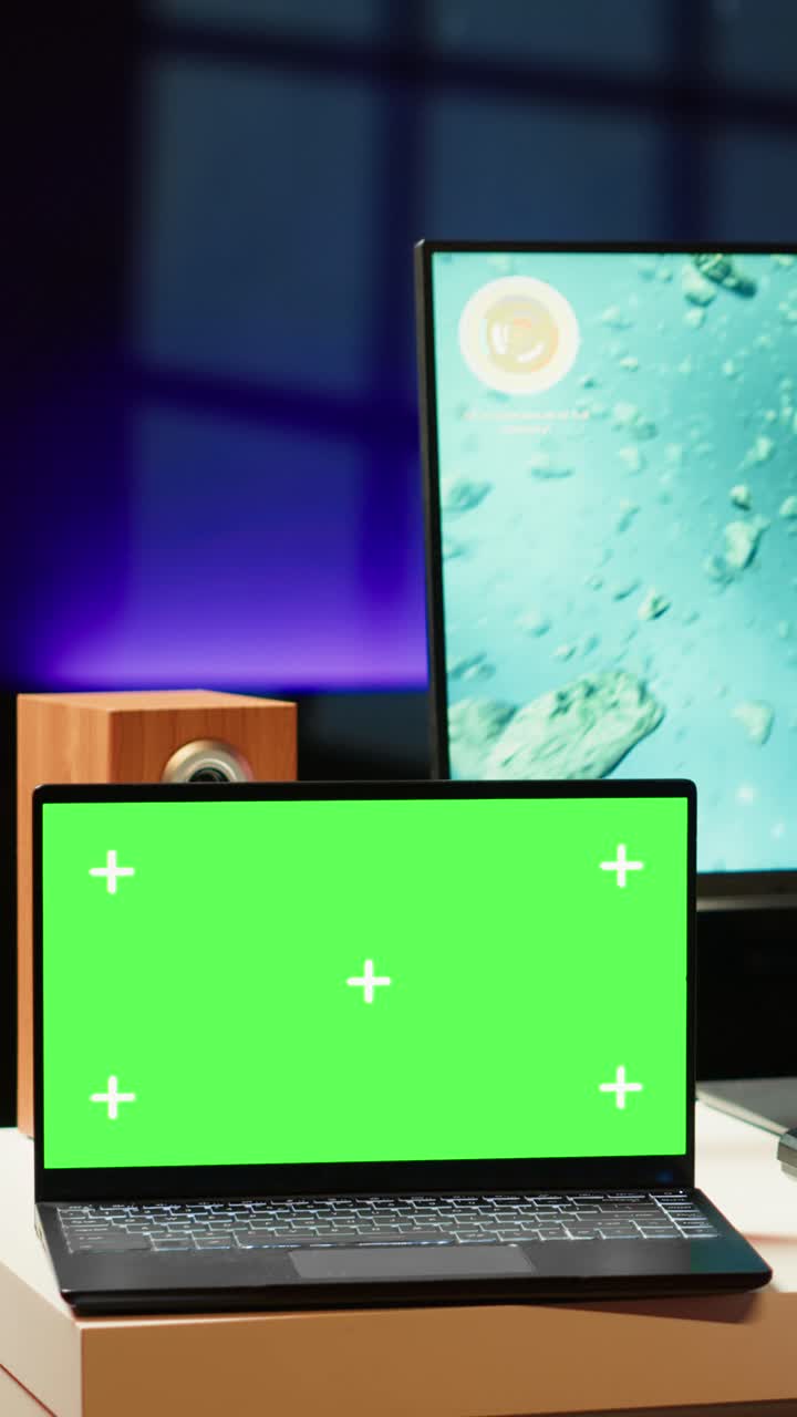 Vertikal video. Isoleret skærm. Notebook i nærheden af gamer, der bruger trådkors til at ramme mål