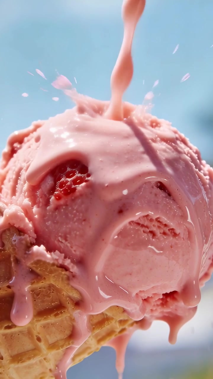 Aardbeienschep in wafelhoorntje krijgt dunne roze straal, verspreidt zich in druppels, valt voor voedselreclame.