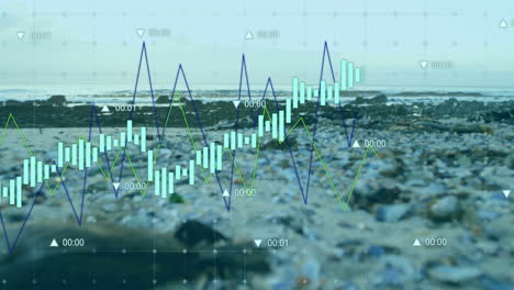 financial data chart animation over rocky beach background