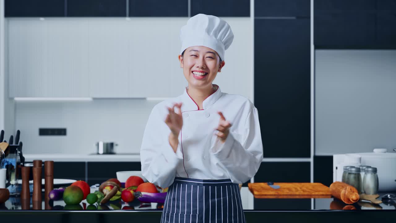 la mujer chef asiática sonriendo y aplaudiendo sus manos en la cocina de casa