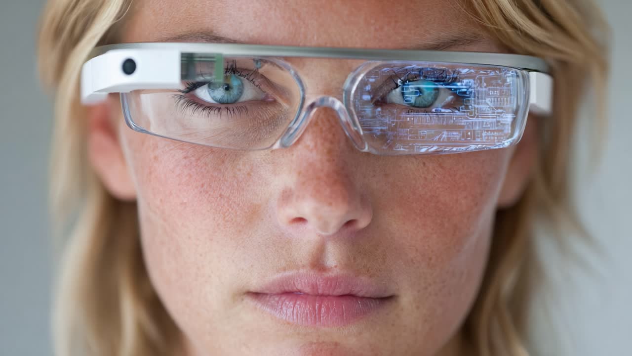 Un primo piano di una giovane donna che indossa innovativi occhiali per la realtà aumentata, mettendo in mostra funzionalità all'avanguardia e immagini coinvolgenti riflesse nei suoi occhi.