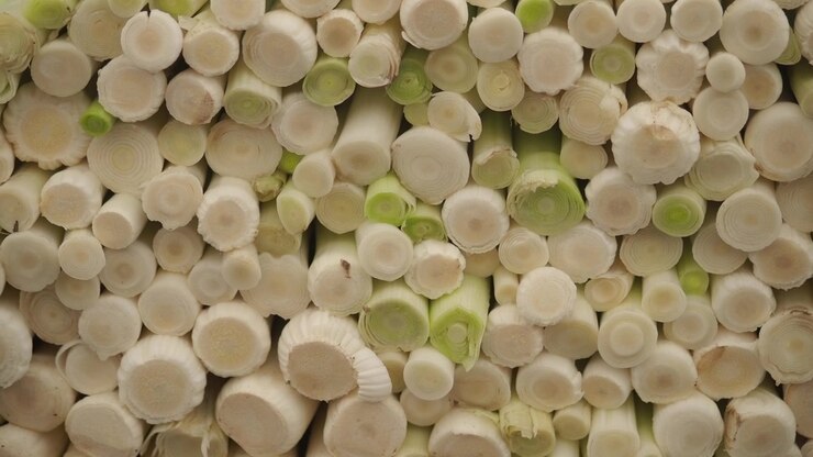 Close-up of Freshly Cut Leeks Stacked Together