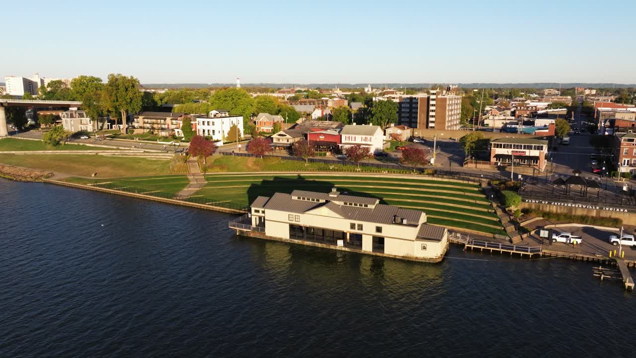 Establishing Aerial View of Riverstage Park at Sunrise. Jeffersonville, Indiana