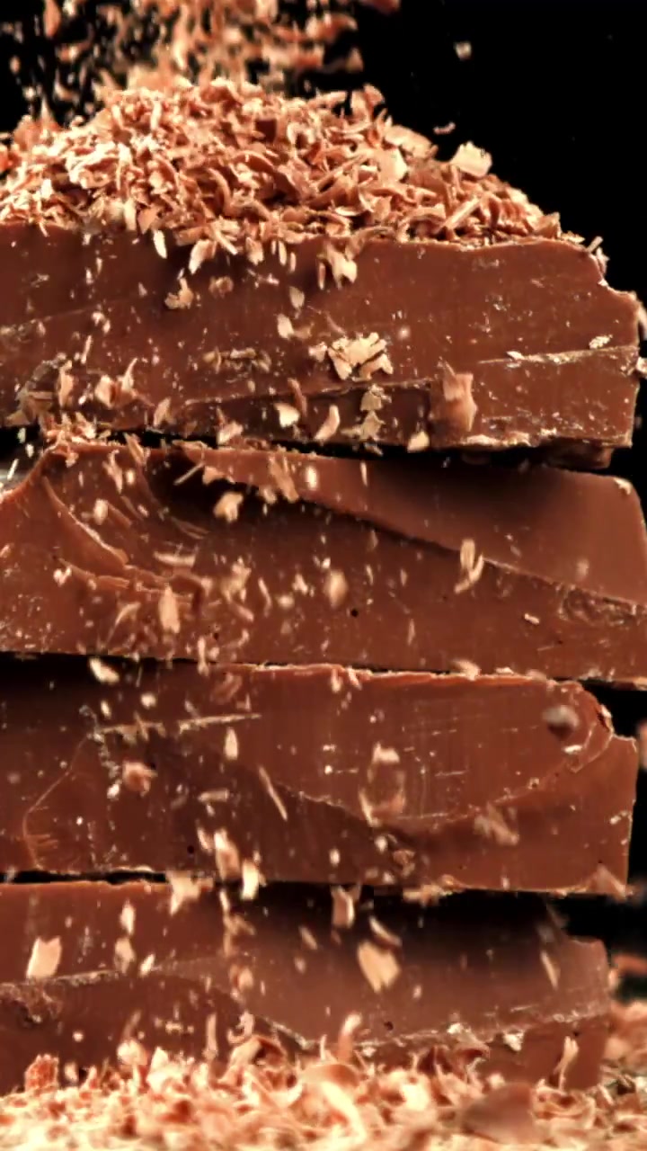 Slow Motion Chocolate Shavings Falling on Stacked Chocolate Bars