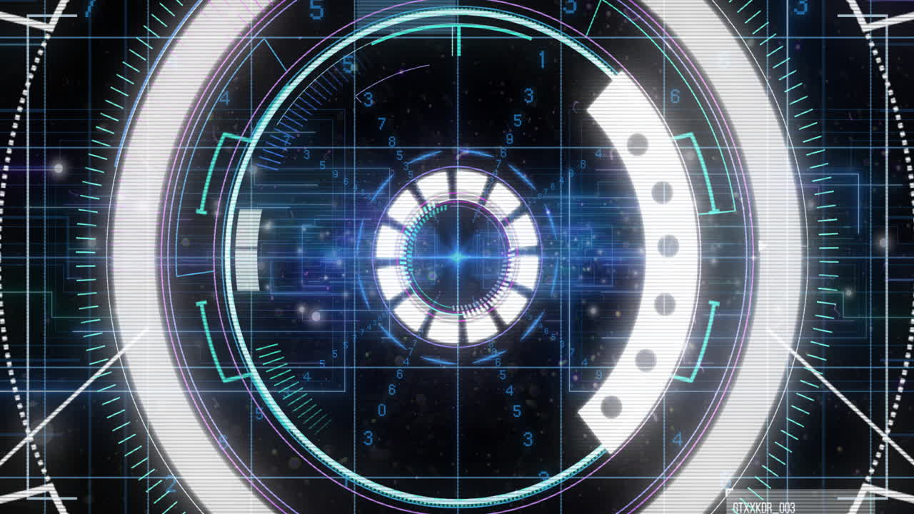 Animation of data processing and scope over dark background