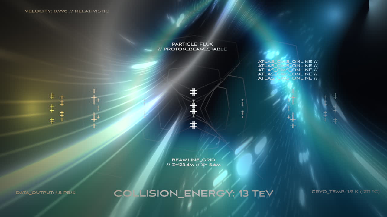 High-tech HUD displaying particle flux and collision energy within a collider tunnel. Ideal for quantum mechanics, nuclear research, and future technology documentaries