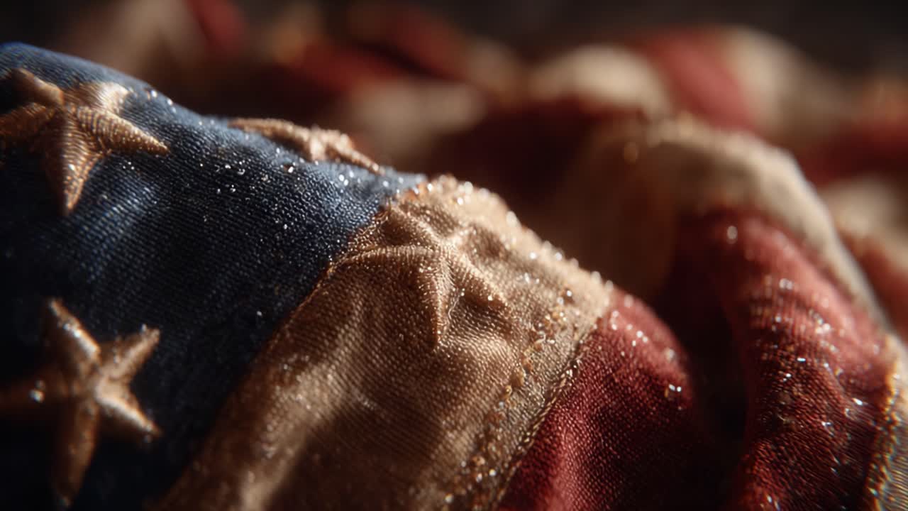 A Close-Up Exploration of an American Flag, Capturing the Texture, Color, and Detail of the Fabric with Glittering Highlights in Soft Lighting