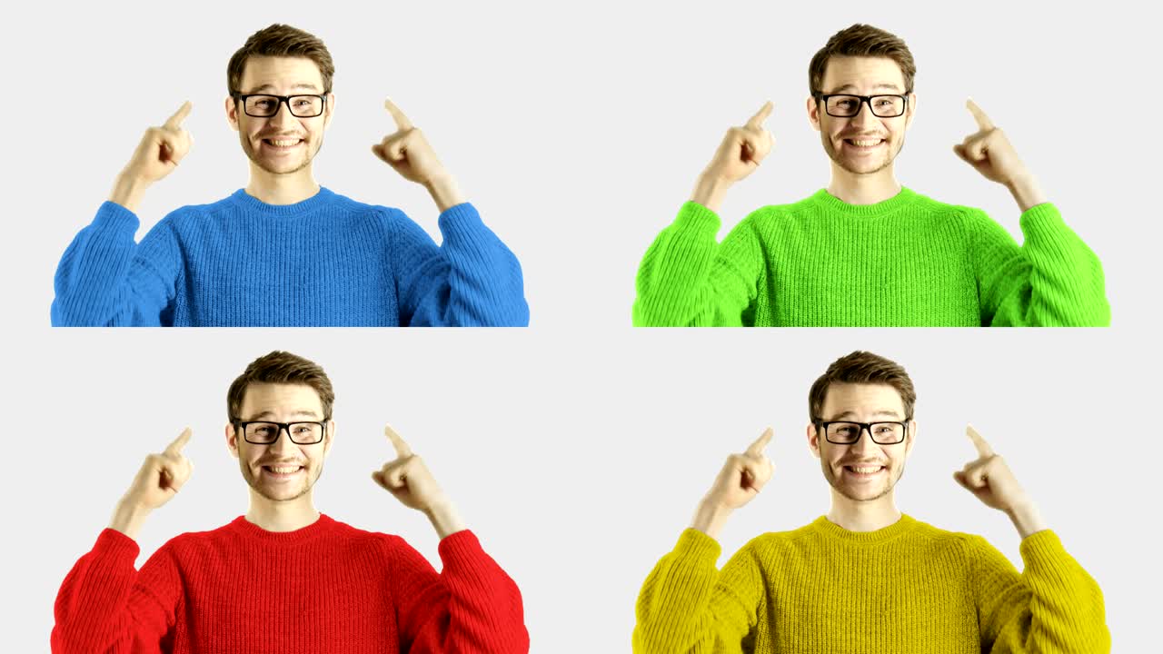 reacción emocional divertida risa de inteligente hipster hombre casual aislado en fondo blanco con máscara para cambiar colores y fondo cuatro colores diferentes