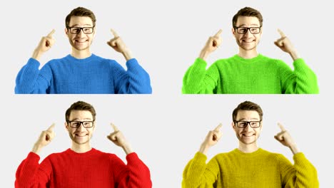 Emotional reaction funny laughing of clever hipster casual man isolated on white background with mask for changing colors and background Four different colors